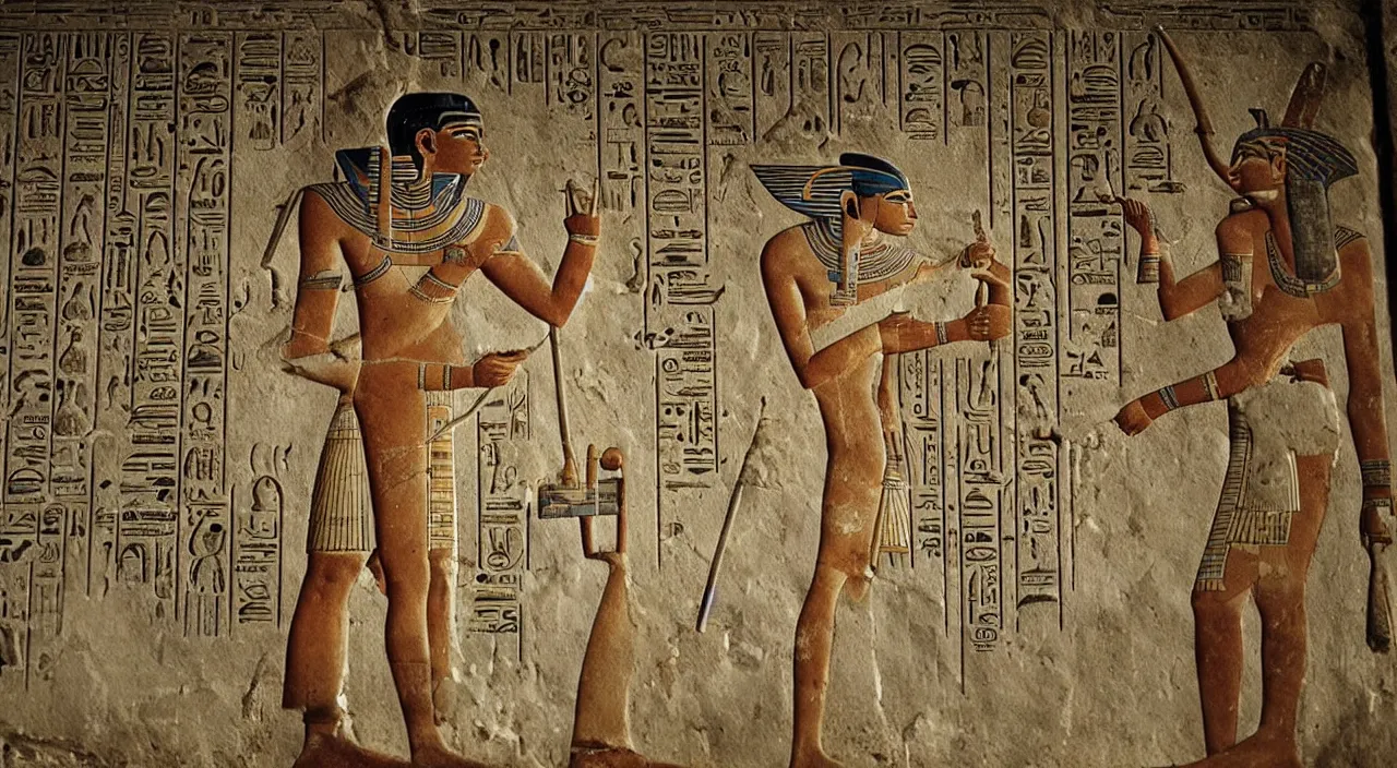 Image similar to egyptian animal gods looking for wifi, ancient egyptian murals.