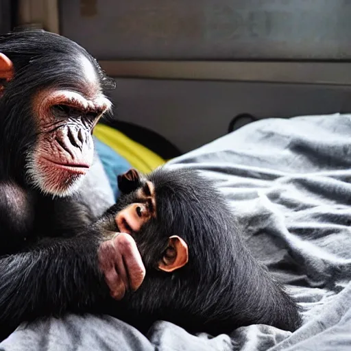 Image similar to kurdish man tucks his pet chimpanzee into bed, in a movie directed by christopher nolan, movie still frame, promotional image, imax 7 0 mm footage, strong and imposing