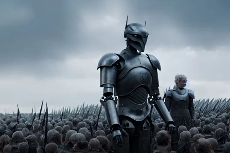 Image similar to vfx film, game of thrones robot army, flat color profile low - key lighting award winning photography arri alexa cinematography, big crowd, hyper real photorealistic cinematic beautiful, atmospheric cool colorgrade