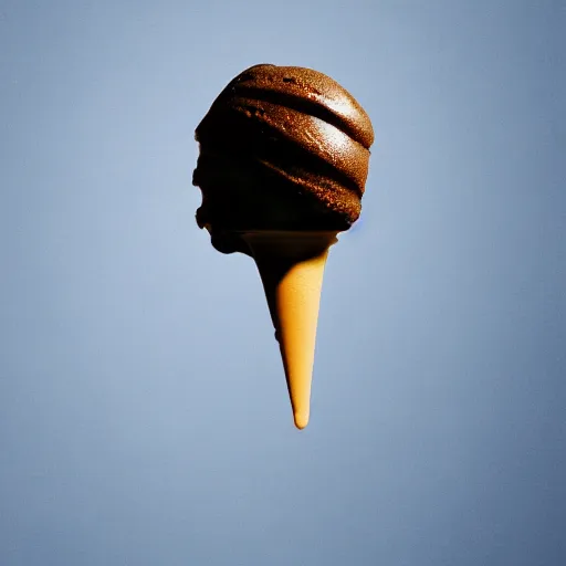 Prompt: detailed photograph of a levitating chocolate ice cream cone becoming a hairy brown recluse spider body at the bottom. dramatic, golden light. realistic photograph. delicious.