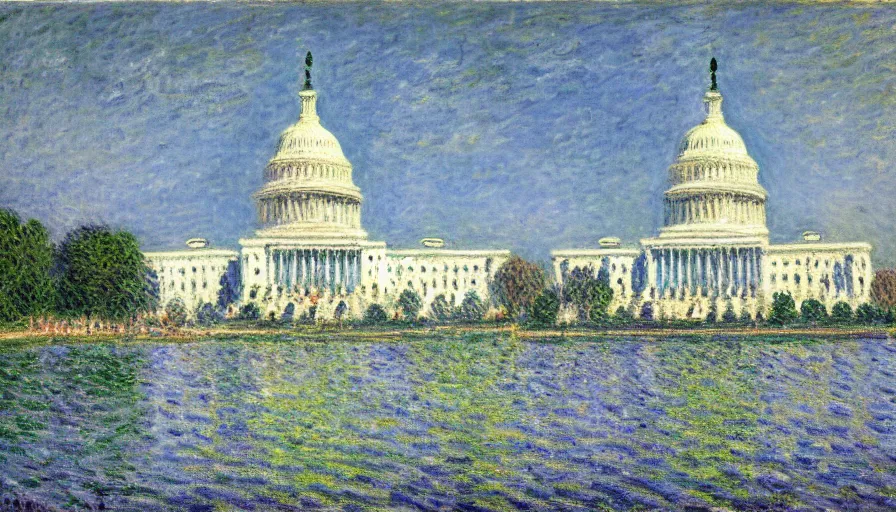 Prompt: United States Capitol Building, illustrated by Claude Monet, very detailed