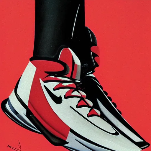 Image similar to retro futuristic Nike Lebron sneakers by syd mead, matte painting, geometric shapes