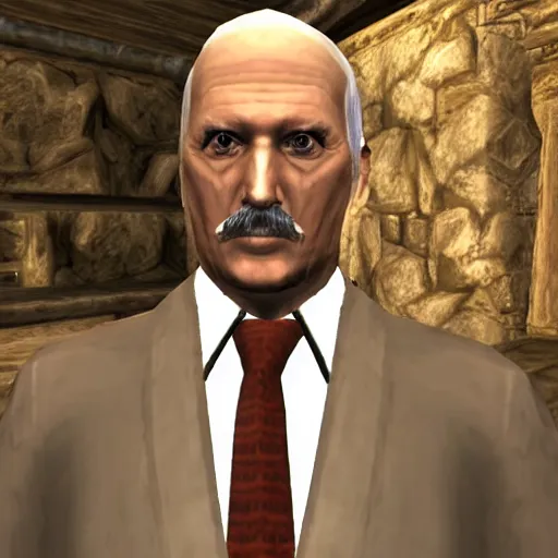 Image similar to Alexander Lukashenko wearing a suit and tie in Balmora in Elder Scrolls III: Morrowind, outdated 2002 Morrowind graphics, low definition, lowpoly