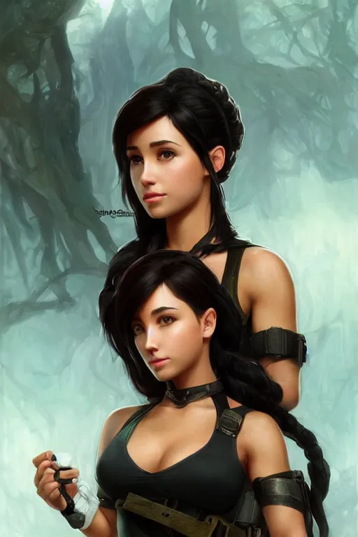 Prompt: beautiful cottagecore Ariana Grande as laura croft, Black Hair, tomb raider, intricate, elegant, highly detailed, digital painting, artstation, concept art, smooth, sharp, focus, illustration, art by artgerm and greg rutkowski and alphonse mucha