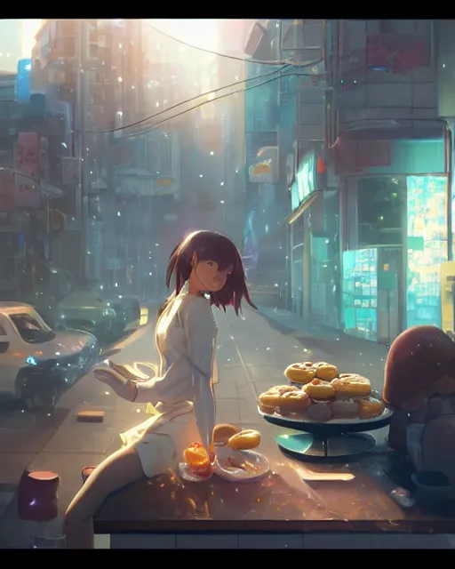 Image similar to a doughnut scene, everything is doughnuts, perfect shading, atmospheric lighting, by makoto shinkai, stanley artgerm lau, wlop, rossdraws