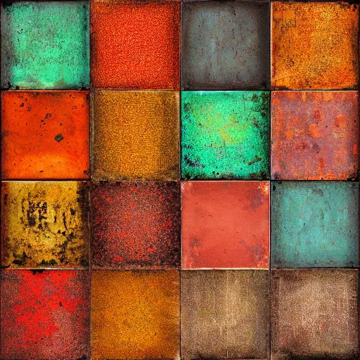 Image similar to large squares of different colors, rust texture, detailed