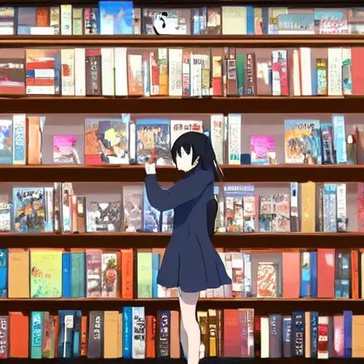 Image similar to At the end of the world, a high school girl browsing in a bookstore, Makoto Shinkai style
