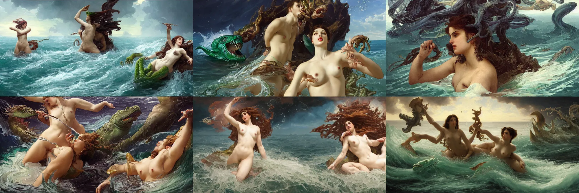 Prompt: Classical painting of Andromeda being eaten by several big green sea monsters. She is in pain as she is already nearly devoured by the enormous mouths of the sea monsters. Elegant, intricate, digital painting, artstation, concept art, smooth, sharp focus, illustration, art by artgerm and greg rutkowski and alphonse mucha
