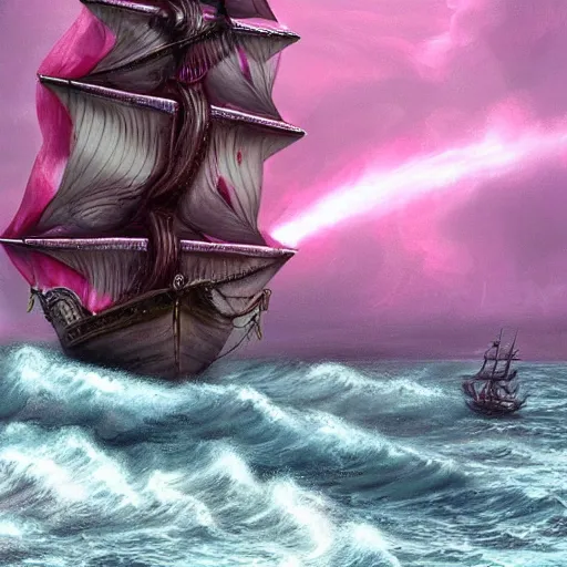 Prompt: pink-painted galleon ship sailing through a storm, rough seas, lightning, video game concept art, trending on artstation