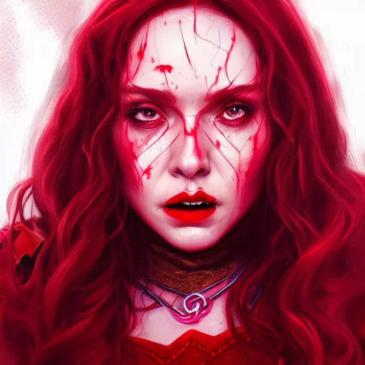 Prompt: Portrait of Wanda the scarlet witch, Marvel, crying blood, screaming, highly detailed, anger, fear, ominous background, artstation, trending on ArtStation, by smile _zPRO