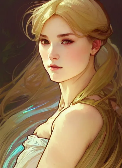 Image similar to digital character concept art by artgerm and greg rutkowski and alphonse mucha. clear portrait of a modern young wife blessed by god to uncontrollably become overwhelmingly perfect!! blonde, full - figured in clothes, obviously feminine holy body!! light effect. hyper detailed, glowing lights!! intricate, elegant, digital painting, artstation, smooth, sharp focus