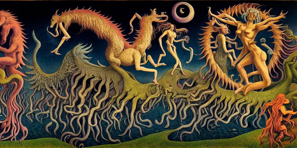 Image similar to mythical creatures and monsters in the imaginal realm of the collective unconscious, in a dark surreal painting by johfra, mc escher and ronny khalil