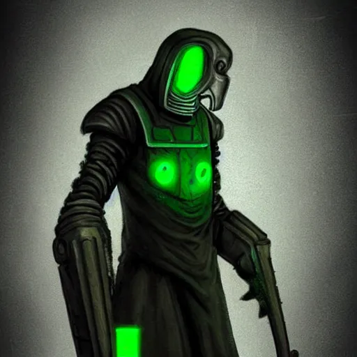 Image similar to sci - fi plague doctor power armor, inhumanly tall, inhumanly thin, black plate clawed hands, beaked helmet, green glow eyes, green glowing trim, plague, disease, illustration, award winning, digital art, trending on artstation, incredible, highly detailed, fantasy, sci - fi