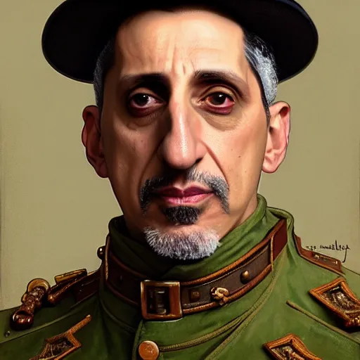 Image similar to full portrait of john turturro as colonel wednesday bologna, fantasy, d & d, intricate, detailed, by by alphonse mucha, adolfo hohenstein, alice russell glenny, stanley artgerm lau, greg rutkowski, detailed, trending on artstation, trending on artstation, smooth