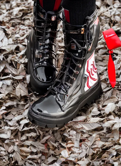 Image similar to hyperrealistic and heavy detailed moncler boots of whole lotta red by playboi carti, leica sl 2 5 0 mm, vivid color, high quality, high textured, real life