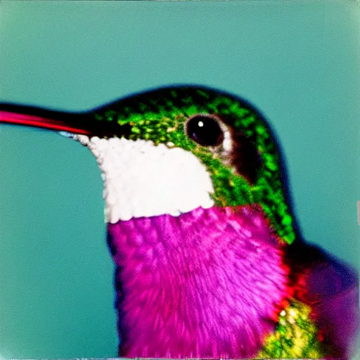 Prompt: close-up shot of a hummingbird wearing a hoodie in the 80s, at the party, colourful Polaroid photo, by Warhol