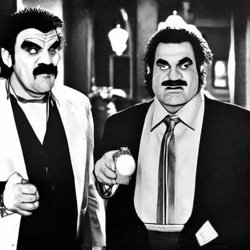 Image similar to wario and waluigi in goodfellas ( photo realistic and hyperrealistic and in high quality )