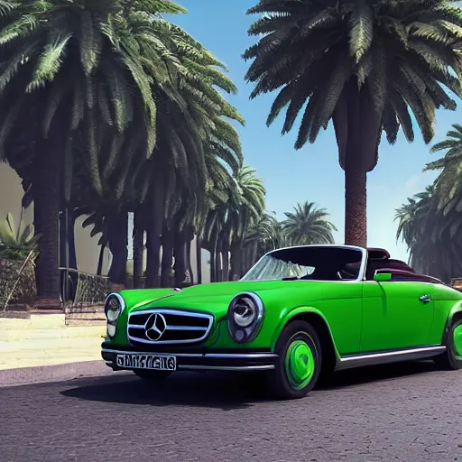 Prompt: frog driving a mercedes in marrakech, palm trees, octane render, unreal engine, hyperdetailed