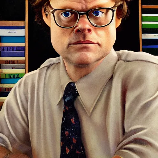 Prompt: close-up of Rainn Wilson in The Office (2005) as Dwight Schrute, highly detailed, sharp focus, digital painting, artwork by Victor Adame Minguez + Yuumei + Tom Lovell + Sandro Botticelli