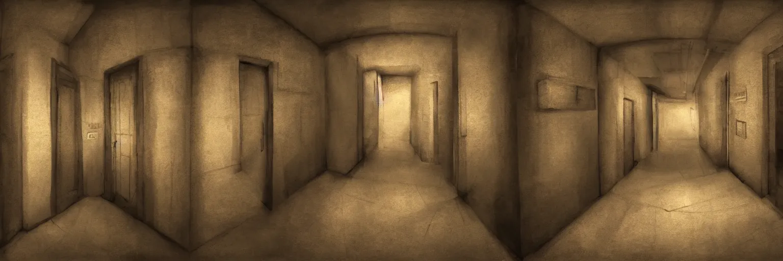 Image similar to dimly lit, theatre access corridor background, 3 doors, fish eye, video game art