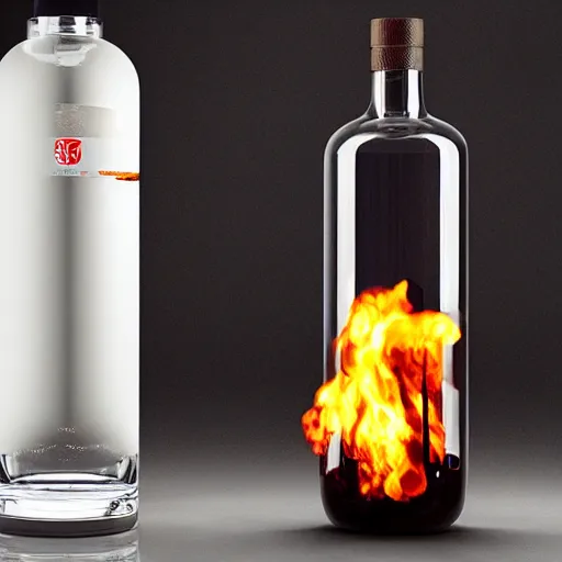 Prompt: an award - winning advertisement photo of a translucent glass vodka bottle in the style of a propane cylinder with fire surrounding it
