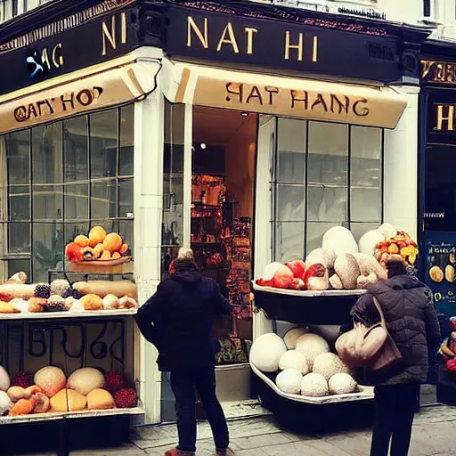 Prompt: “a shop called NAHHH selling giant eggs on Marylebone High St”