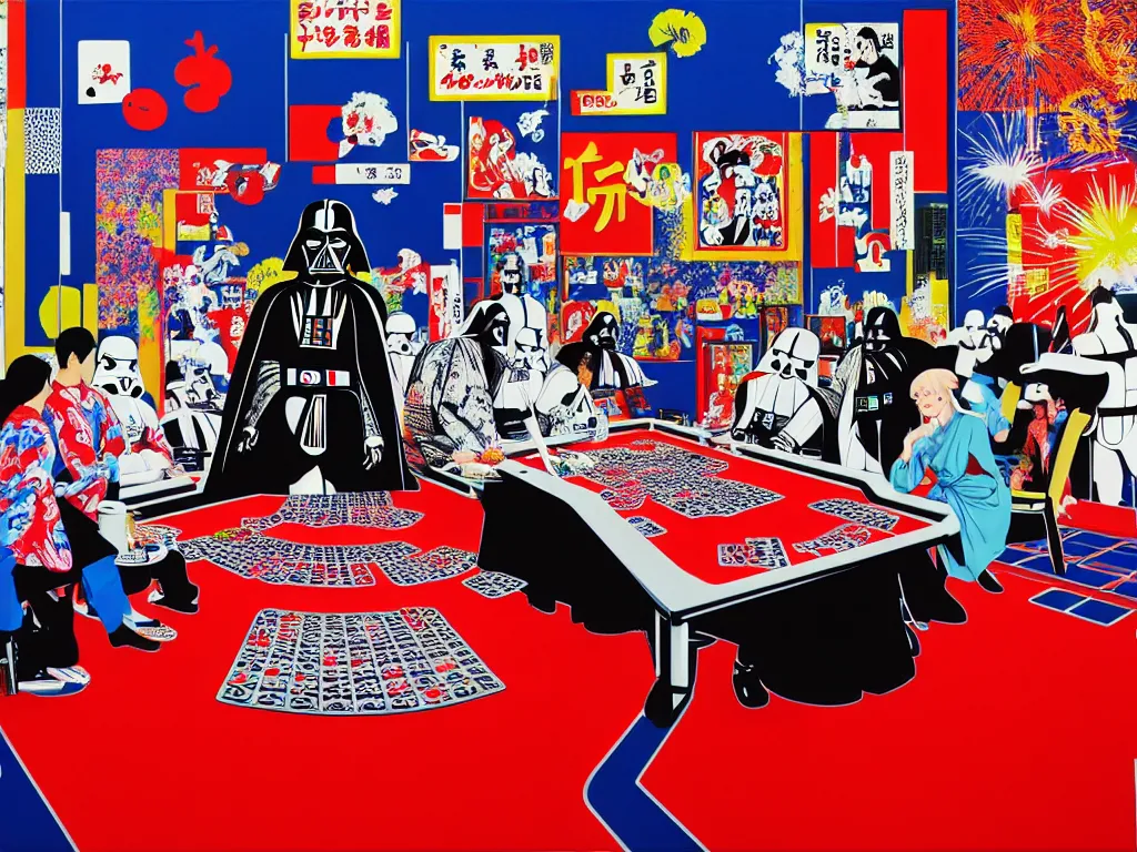 Image similar to hyper - realistic composition of a large room with an extremely detailed poker table in the center, woman in traditional japanese kimono standing nearby, darth vader sitting at the table, fireworks in the background, pop art style, jackie tsai style, andy warhol style, acrylic on canvas, dull palette