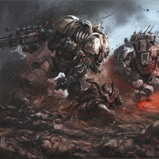 Image similar to The Predator fighting a Space Marine, intense combat, high detail, desolate landscape, Jung Gi Kim style, trending, masterpiece, high resolution