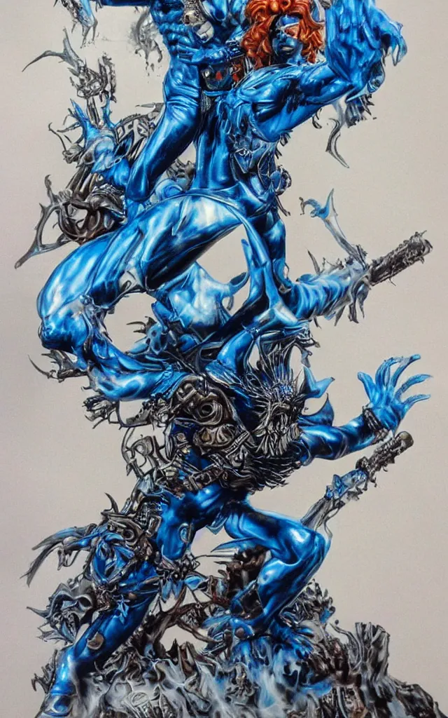 Image similar to blue djinn in the sky heavy metal airbrush iron spike fantasy 80s by simon bisley detailed, masterpiece