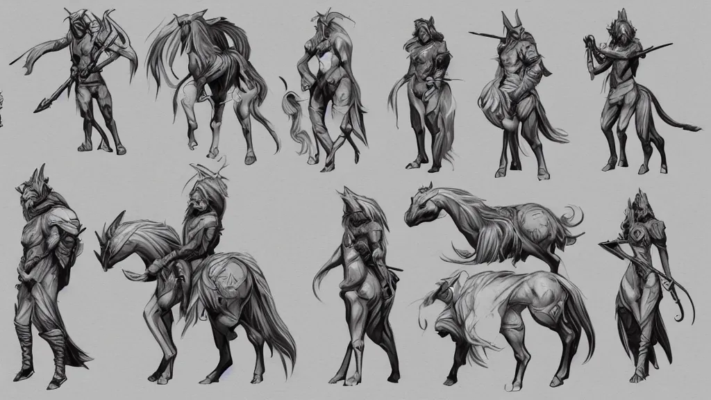 Prompt: a fantasy centaur warlock character design sheet, trending on artstation