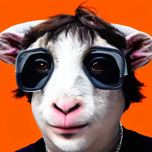 Image similar to andy milonakis as a goat, goat body, human head, anthropomorphic, 4 k, photorealistc, high details