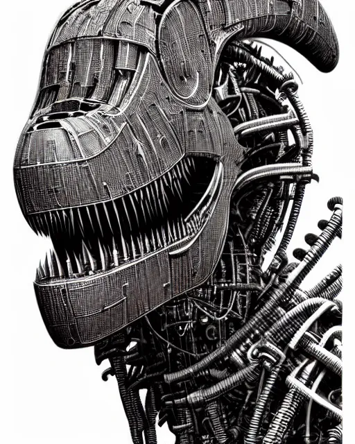 Image similar to mechanical robot trex transformer dinosaur head, bold line symmetrical illustration by peter gric, hr giger, kim jung gi, joe fenton, scifi, screen print, art station, pistons and engine parts, sharp, high contrast, hyper detailed,