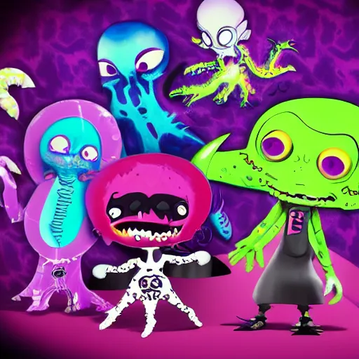 Image similar to lisa frank gothic emo punk vampiric rockstar vampire squid with translucent skin concept character designs of various shapes and sizes by genndy tartakovsky and the creators of fret nice at pieces interactive and splatoon by nintendo for the new hotel transylvania film starring a vampire squid kraken monster