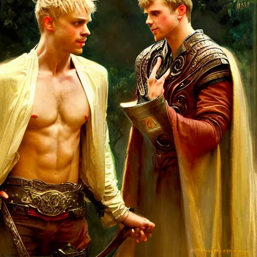 Image similar to attractive, arthur pendragon in love with attractive male, merlin the mage. highly detailed painting by gaston bussiere, craig mullins, j. c. leyendecker