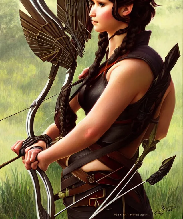 Image similar to katniss as a strong powerful angry fantasy elf with a bow and arrow, portrait, fantasy, intricate, elegant, highly detailed, digital painting, artstation, concept art, smooth, sharp focus, illustration, art by artgerm and larry elmore and alphonse mucha