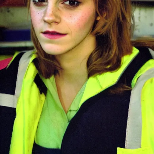 Image similar to photo, close up, emma watson in a hi vis vest, in warehouse, 2 0 0 8 android cameraphone, low contrast, 2 6 mm,