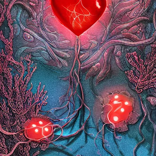 Image similar to a beautiful but creepy and haunting flower with a glowing red heart, growing deep under the sea. Digital art, detailed and intricate, beautiful, haunting