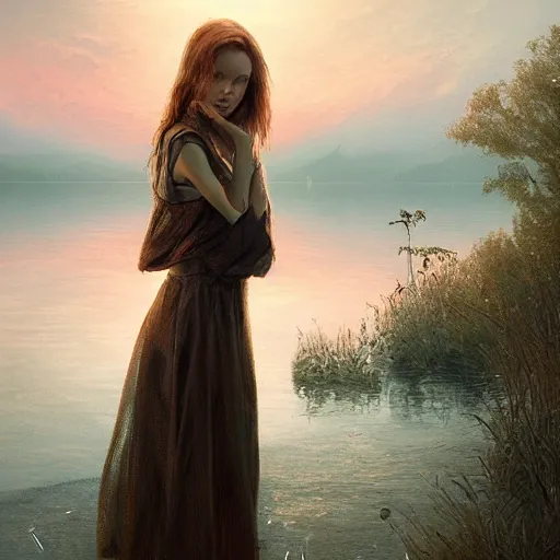 Prompt: beautiful young woman by the lake, sunset, high detail, dramatic light, digital art, painted by seb mckinnon and greg rutkowski, trending on artstation