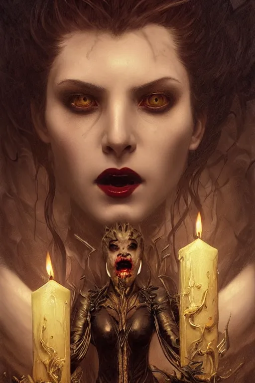 Image similar to portrait of a female vampire, intricate, dystopian terror, fangs, extremely detailed, digital painting, candles, sculpted in zbrush, artstation, concept art, smooth, sharp focus, illustration, chiaroscuro lighting, golden ratio, rule of thirds, fibonacci, incredible art by Stanley Artgerm Lau and Greg Rutkowski, composition by Alphonse Mucha and Simon Stalenhag