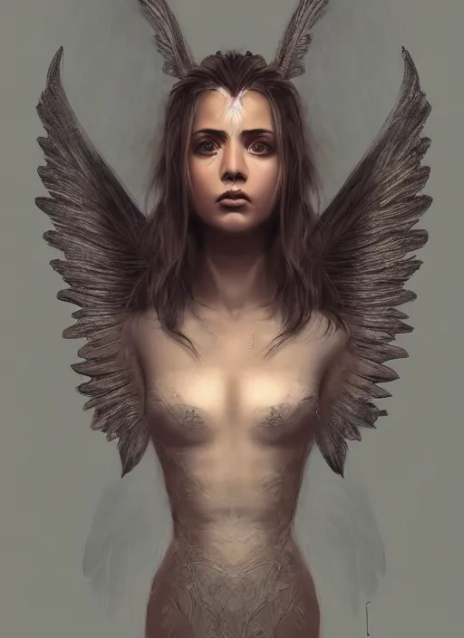 Image similar to Beautiful female angel, digital Art, trending on Artstation, dramatic lighting, face symmetry, intricate wings