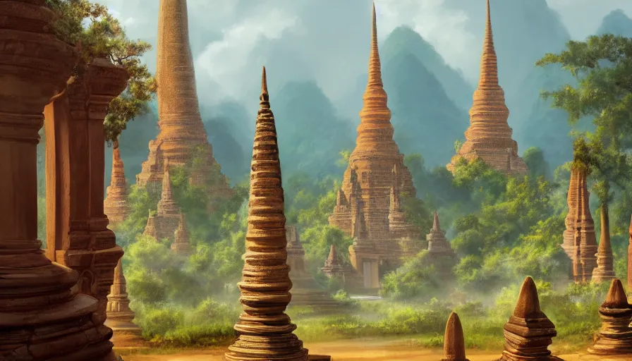 Prompt: ! dream matte painting of beautiful landscape of sukhothai, digital art trending on artstation, elegant, loin cloth, highly detailed, oil painting, artstation, concept art, matte, sharp focus, illustration, hearthstone, art by earl norem