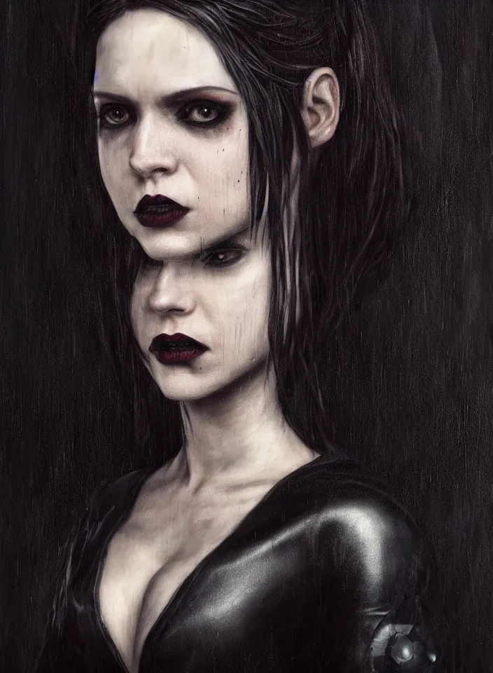 Image similar to a half portrait of a young female vampire sorceress wearing a black leather dress from skyrim, fantasy setting, beautiful face, dark colors, scary lighting, atmospheric, cinematic, moody, in the style of diego koi, gina heyer, luiz escanuela, art by alyssa monk, hyperrealism, rule of thirds, golden ratio, oil on canvas, 8 k