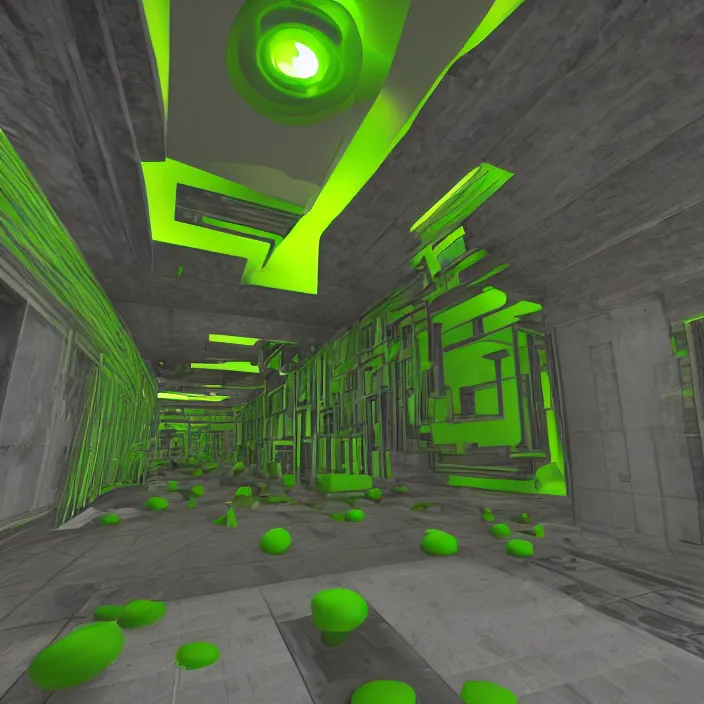 Image similar to liminal spaces, as designed by valve software, source engine render, 4 k, lime green tones