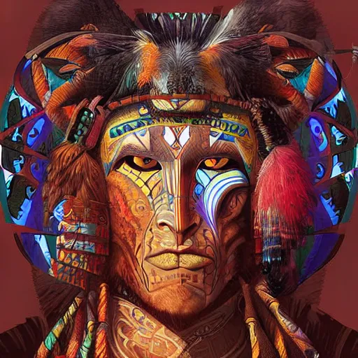Prompt: digital painting of a warrior shaman with geometric patterns and animals by android jones