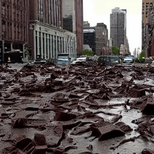 Image similar to tsunami of liquid chocolate on new york, post apocalyptic, cinematic ruin