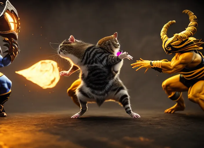 Image similar to hamster dressed as sub zero fights a cat dressed as scorpion in mortal kombat on the background of a laughing shao khan. fantasy magic style. highly detailed 8 k. intricate. lifelike. soft light. sony a 7 r iv 5 5 mm. unreal engine with nanite and path tracing