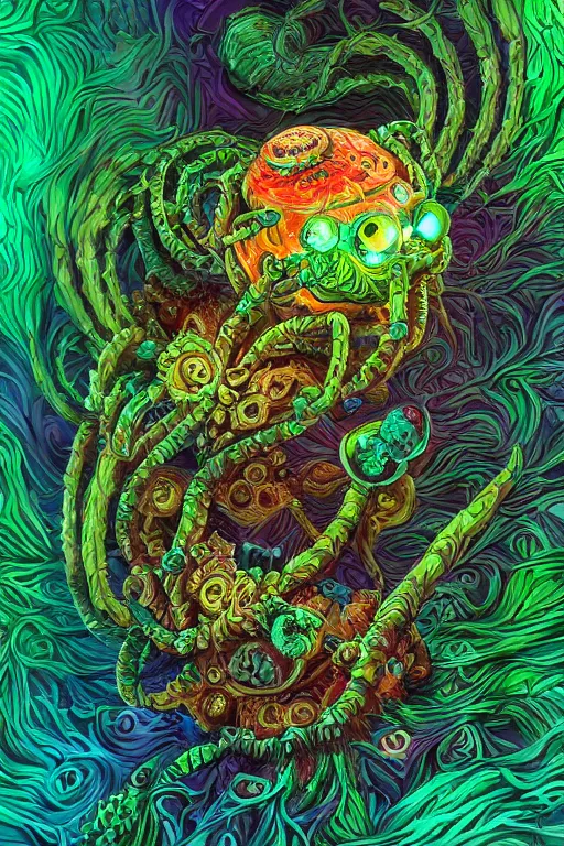 Image similar to creature sushi roots cactus elemental flush of force nature micro world fluo light deepdream a wild amazing steampunk baroque ancient alien creature, intricate detail, colorful digital painting radiating a glowing aura global illumination ray tracing