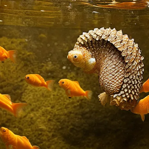 Prompt: a Goldfish with the armor of a pangolin, national geographic photograph