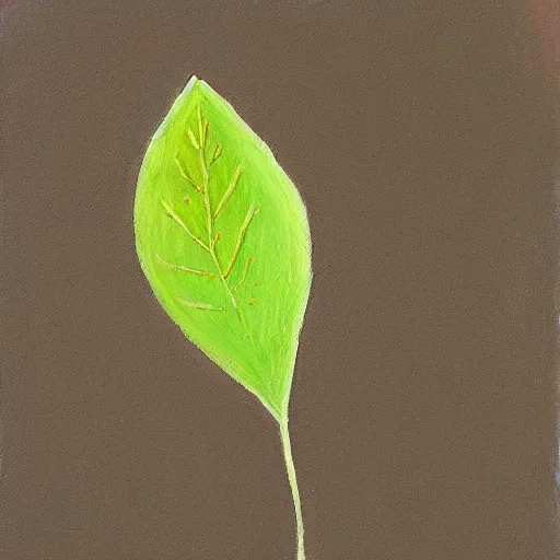 Prompt: detailed painting of a single small seedling on loose fresh earth, reveal its first leaf. muted colors and natural tones.