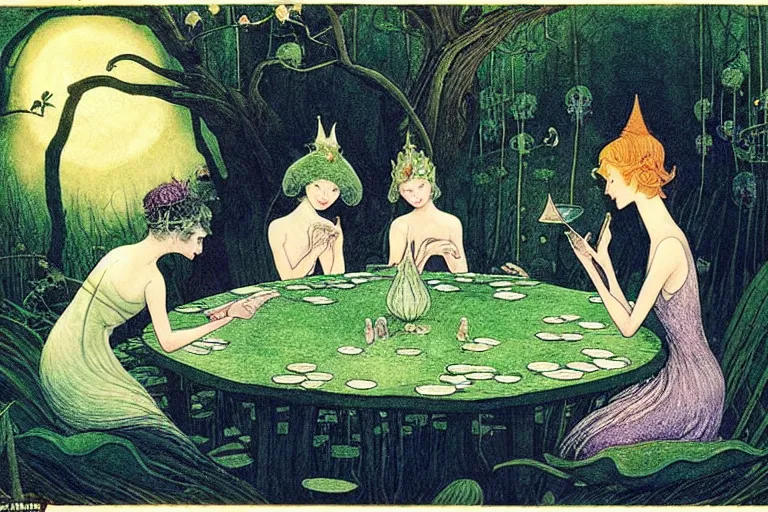Prompt: a group of gracious fairies playing cards on a table in an atmospheric moonlit forest next to a beautiful pond filled with water lilies, artwork by ida rentoul outhwaite
